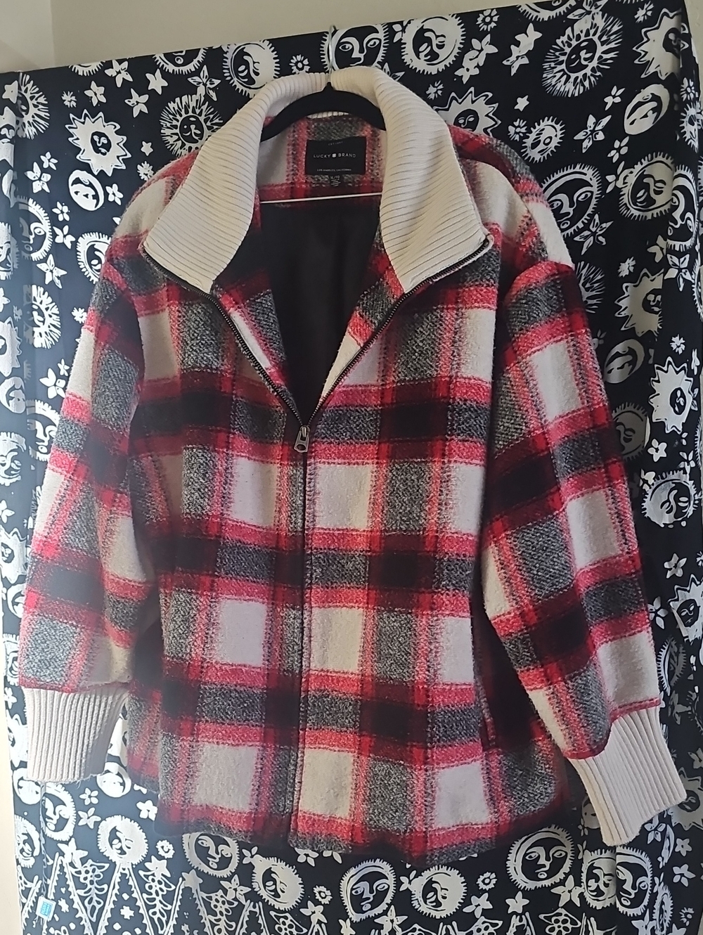 Lucky Brand Red Black White Plaid Zip-Front Bomber Jacket
